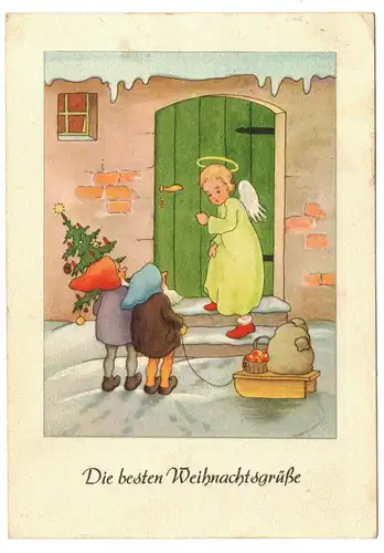 Ak Weihnachten Engel mit Zwerge Wichtel Weihnachtsgrüße 1951 ! (A4068