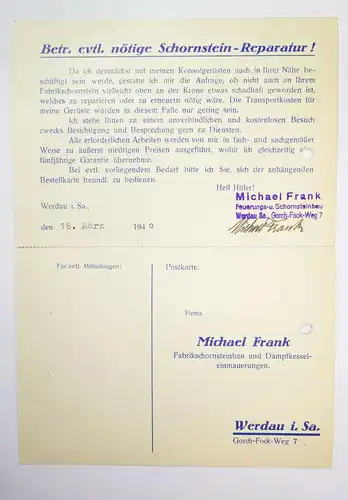 Reklame Drucksache Michael Frank Schornsteinbau Werdau i. Sa. 1940 (B1