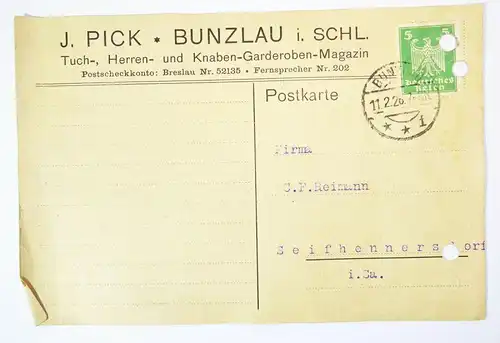 Reklame Postkarte J.Pick Bunzlau Schlesien 1926  (B1