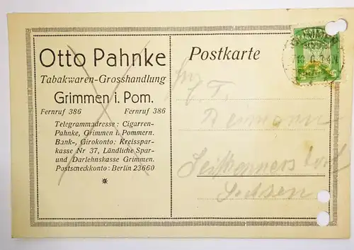 Reklame Postkarte Otto Pahnke Tabak Waren Großhandlung Grimmen Pommern   (B1