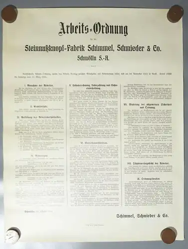 Plakat Arbeits-Ordnung 1913 Steinnuß Knopffabrik Schimmel Schmieder Schmölln S.A