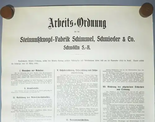 Plakat Arbeits-Ordnung 1913 Steinnuß Knopffabrik Schimmel Schmieder Schmölln S.A