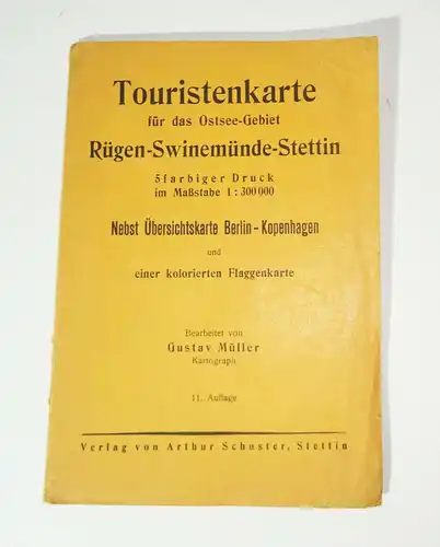 Touristenkarte Landkarte Rügen Swinemünde Stettin Gustav Müller 1:300.000 (L