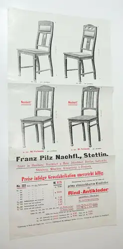 Werbe Prospekt Franz Pilz Stettin Möbel Stühle  Druck 1910/20 Poster Aushang (D7