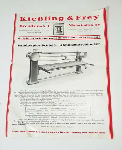 Werbeblatt Maschinenbau Kießling & Frey Dresden A1 Schleifmaschine 1925er (D7