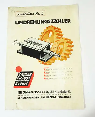 Werbeblatt Umdrehungszähler Irion & Vosseler Schwenningen Neckar 1930er (D7