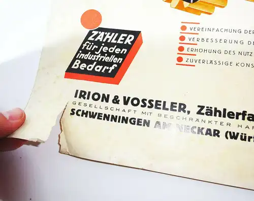 Werbeblatt Umdrehungszähler Irion & Vosseler Schwenningen Neckar 1930er (D7