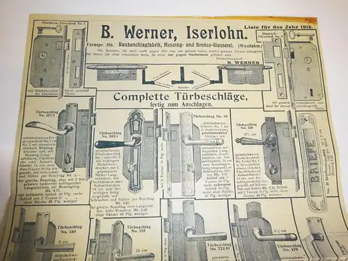 Prospekt Werner Iserlohn Westfalen 1912 Türklinken Beschläge Fensteroliven  (D8