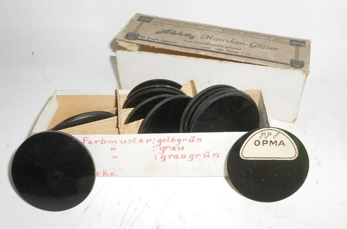 Konvolut alte Brillengläser Asra Rathenow Optiker OVP Augengläser Grün Braun RAR 4