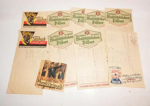 Lot alter Werbe Papiere Waldschlößchen Pilsner Nortag Tabak 1930er Reklame (D8