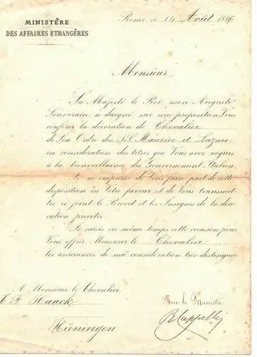 Rom 1886 Außen - Ministerium Chevalier Orden SS.Maurice et Lazare Dokument !
