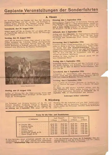 Prospekt Sonderfahrten Reichsbahn Sachsen nach Füssen Allgäu Nürnberg 1936 (D8