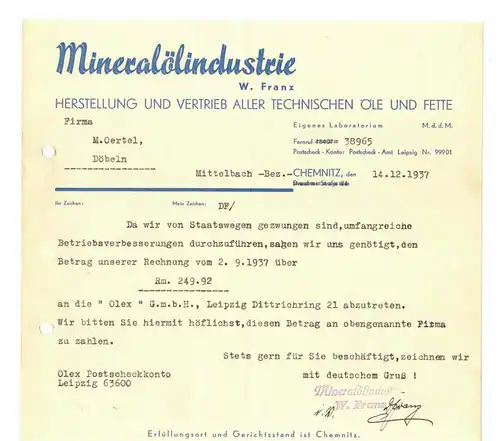 2 Dokumente Mineralölindustrie Chemnitz 1937 Öl Oil ! (D8