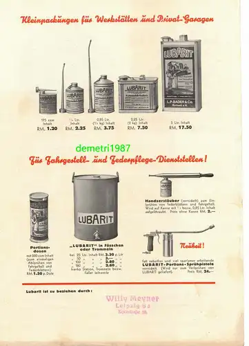 Lot Werbe Blätter LUBARIT Bader & Co Rottweil Automobil Öl Federöl um 1935 (D8