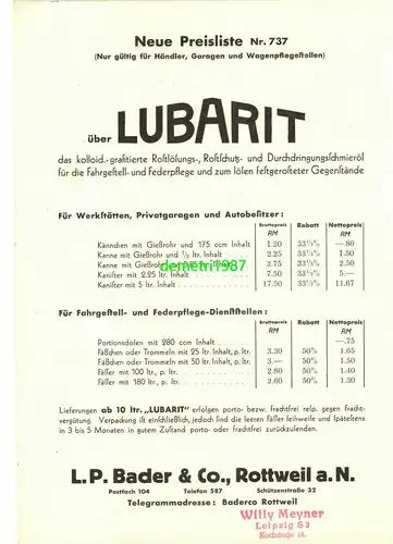 Lot Werbe Blätter LUBARIT Bader & Co Rottweil Automobil Öl Federöl um 1935 (D8