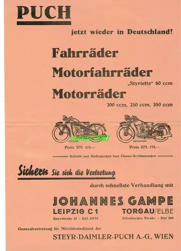 Werbe Blatt Puch Motorrad Motorfahrrad Gampe Leipzig Torgau 1930er (D8