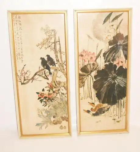 2 DDR Drucke Japan China Lotus Vögel Deko Bilder Prints Vintage 1950er 1960er