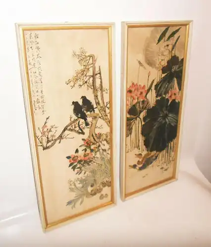 2 DDR Drucke Japan China Lotus Vögel Deko Bilder Prints Vintage 1950er 1960er