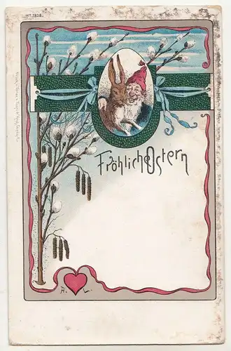 Jugendstil Ak Zwerg mit Osterhasen Arm in Arm A.L. signiert um 1910 ! (A1933
