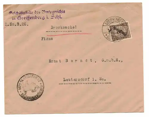 Brief Geschäftsstelle Amtsgericht Greiffenberg Schlesien 1926 Dienstmarke (B7