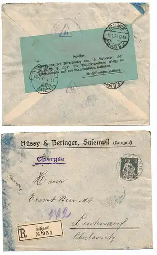 R-Brief Safenwil Schweiz 1923 Vignette Geöffnet Zensur Verordnung 1918 ! (B7