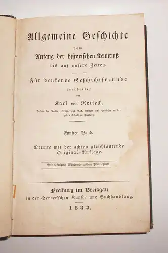 Karl von Rotteck - Allgemeine Geschichte 1833 Fünfter Band ! (b1