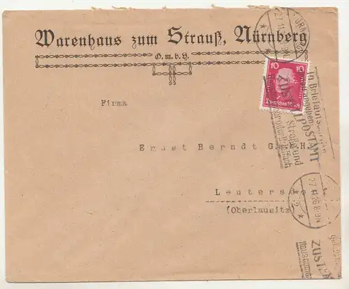 Werbe Brief Warenhaus zum Strauß Nürnberg 1926 Maschinenstempel  ! (B7