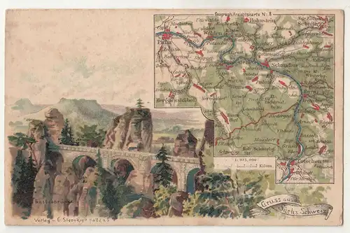 Ak Gruss aus der Sächsischen Schweiz Landkarte Basteibrücke Sternkopf  (A3778