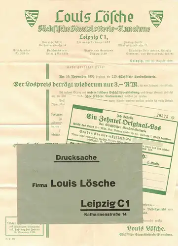 Papiere Lotterielos Louis Lösche Leipzig Sächsische Staatslotterie 1936 ! (D7