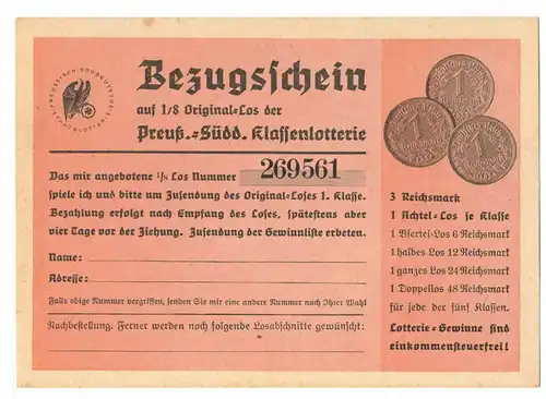 Bezugsschein Lotterielos Preußisch Süddeutsche Klassenlotterie Kletzin Berlin(D7