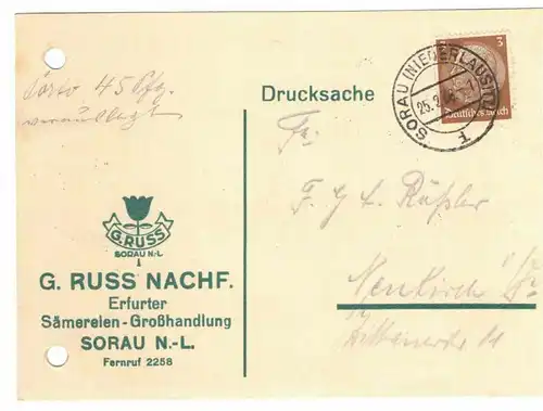 Drucksache Russ Nachf. Erfurter Sämereien Großhandlung Sorau N.L. 1936 ! (D7