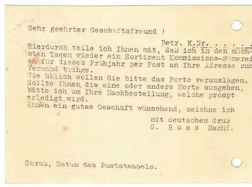 Drucksache Russ Nachf. Erfurter Sämereien Großhandlung Sorau N.L. 1936 ! (D7