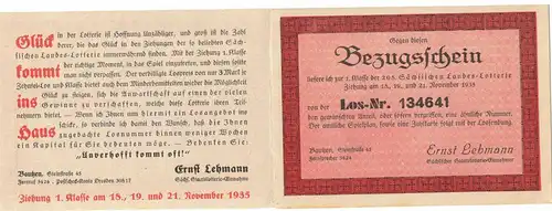 Reklame Lotterie Bezugsschein Ernst Lehmann Bautzen Sächsische Landeslotterie(D7