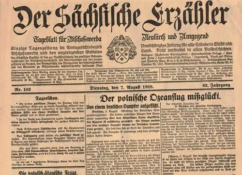 Zeitung - Sächsischer Erzähler 183/ 1928 polnischer Ozeanflug mißglückt (D7