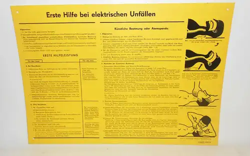 DDR Kunststoff Hinweisschild Warnschild Erste Hilfe bei elektrischen Unfällen 