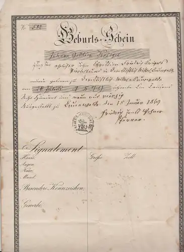 Geburtsschein 1869 Cunewalde ! (D8