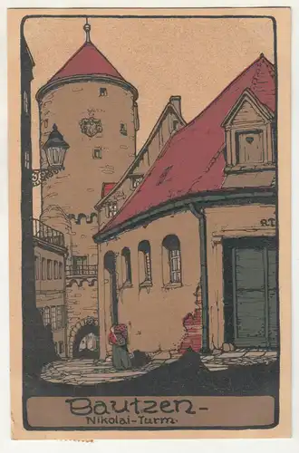 Ak Bautzen Niklai Turm Künstler-Stein-Zeichnung 1919 A3720