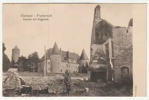 Ak Blamont Frankreich Schloss mit Burgturm Soldat Fahrrad 1916 Feldpost