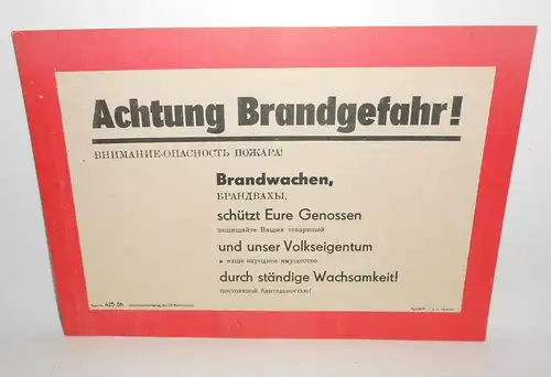 Papier Warnschild DDR Achtung Brandgefahr ! 1975 Auch in Russisch ! (H8
