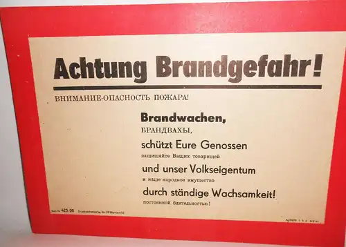 Papier Warnschild DDR Achtung Brandgefahr ! 1975 Auch in Russisch ! (H8