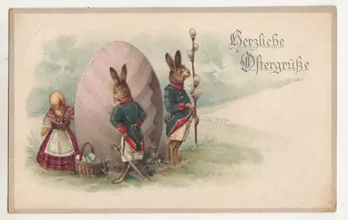 Ak Hasen - Soldaten bewachen Ei Herzliche Ostergrüße Eastern 1918 (A3601