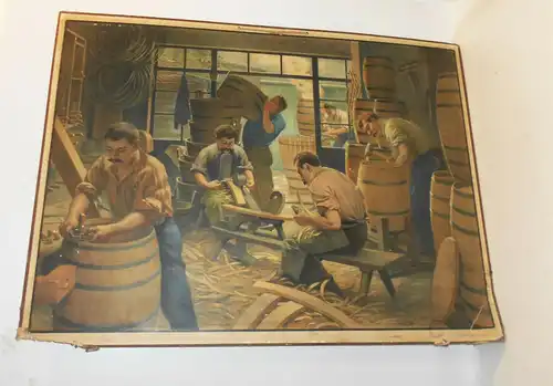 Schultafel Lehrtafel Wandbild Böttcher Fassbauer bei der Arbeit um 1900/10 !