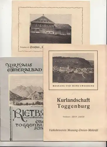 3 Prospekte Schweiz Swiss Kurlandschaft Toggenburg Rietbad Pension um 1930 (D8