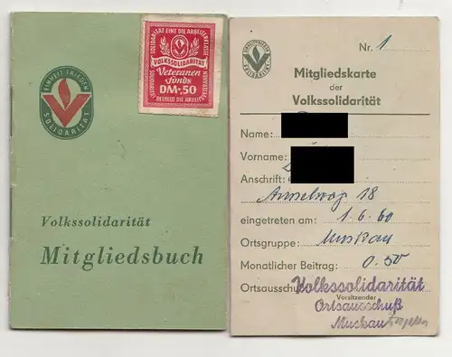 Mitgliedsbuch Mitgliedskarte Volksolidarität Beitragsmarken 1960-1965 (D8