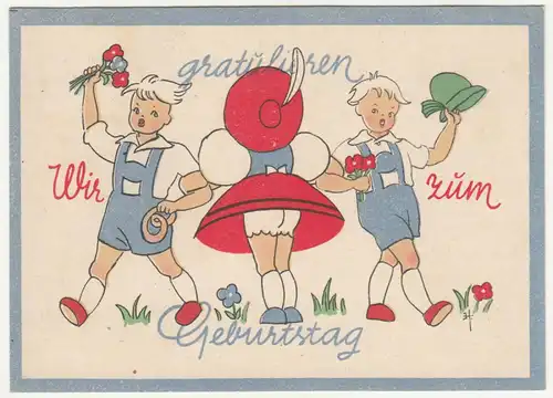 Künstler Ak Kinder in bayerischer Tracht gratulien zum Geburtstag 1948  (A3472