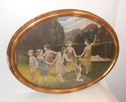 Handkolorierter Druck Oval Kinder Reigen um 1900 Rahmen Deko Shabby Vintage