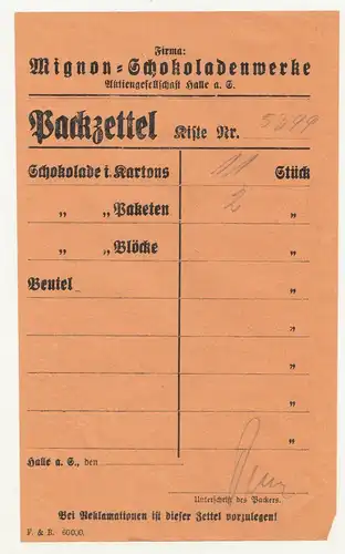 Packzettel Mignon Schokoladenwerke um 1935 ! (D8