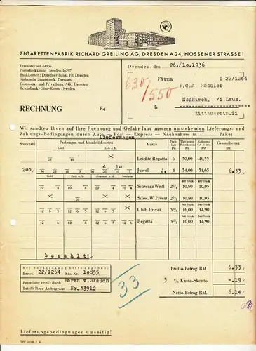 Werbe Rechnung Zigarettenfabrik Greiling Dresden 1936