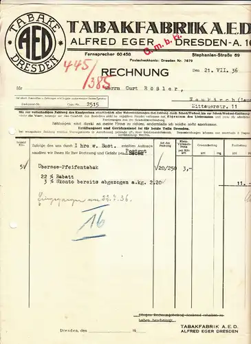 Werbe Rechnung Tabakfabrik A.E.D. Alfred Eger Dresden 1936 !(D8