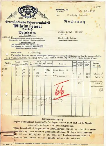 Werbe Rechnung erste badische Teigwarenfabrik Weinheim 1932 ! (D8